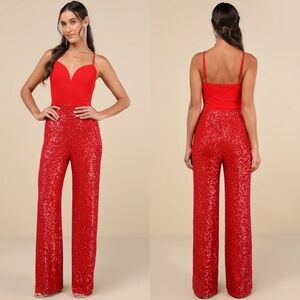Lulus Dazzling Vision Red Sequin Sleeveless Wide-Leg Jumpsuit M Wedding Party